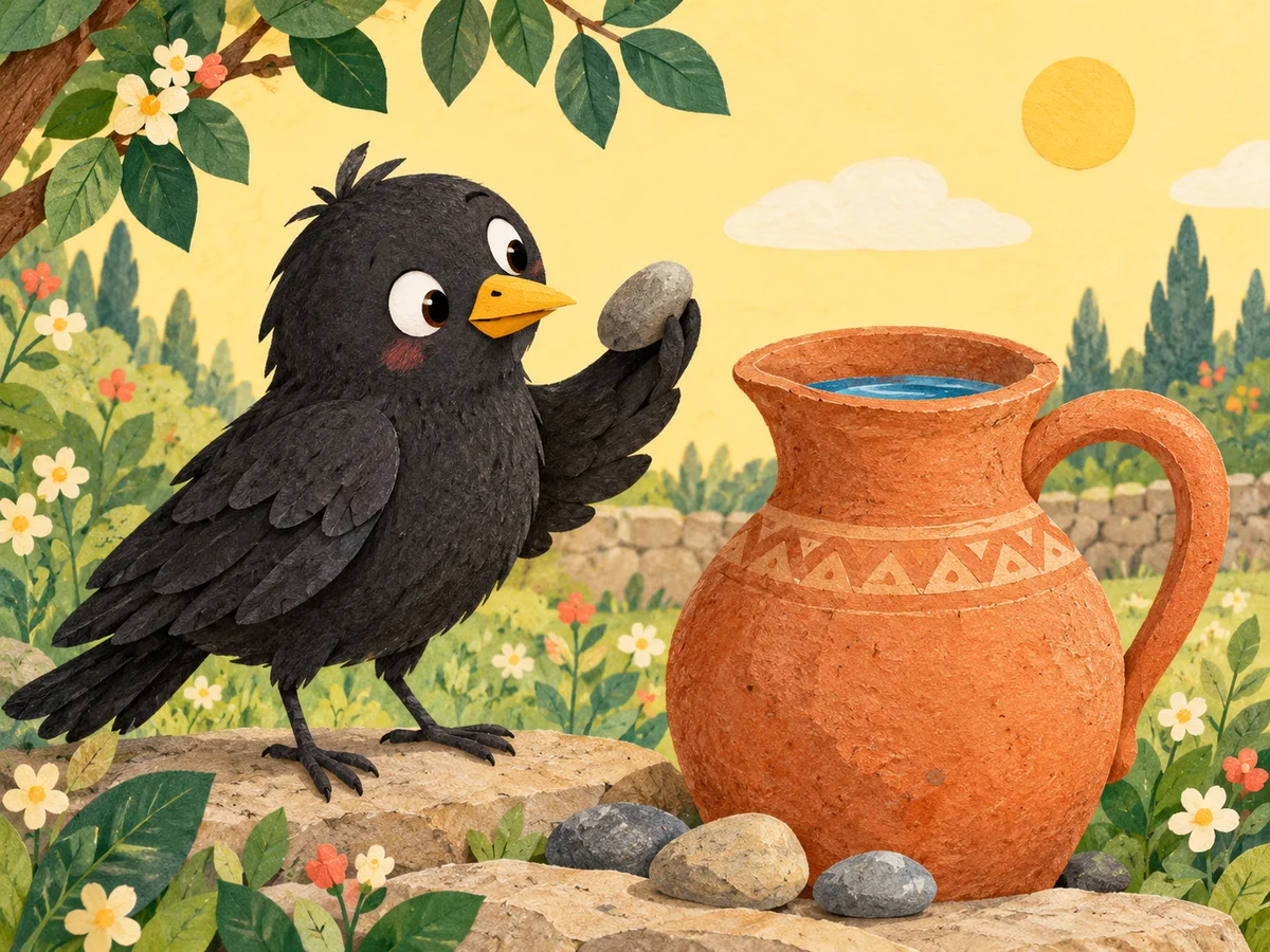 Original story illustration of a little crow holding a pebble beside a pitcher in a garden